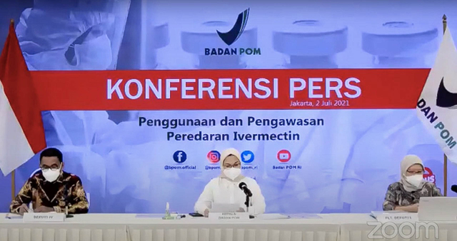 Kepala BPOM Penny Lukito dalam jumpa pers peredaran ivermectin, 2 Juli 2021. Foto: Youtube/BPOM