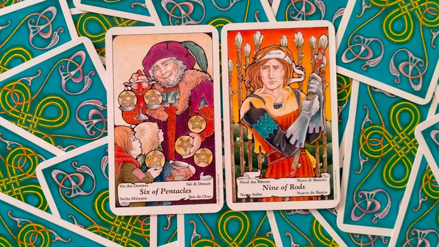 Six of Pentacles, Nine of Rods. Secara umum di bulan Juli ini kita perlu banyak berbagi, menolong sesama tanpa tidak perlu khawatir berlebihan akan kekurangan karena semua kebutuhan mendasar akan dicukupkan Tuhan. Sumber : dok pribadi)