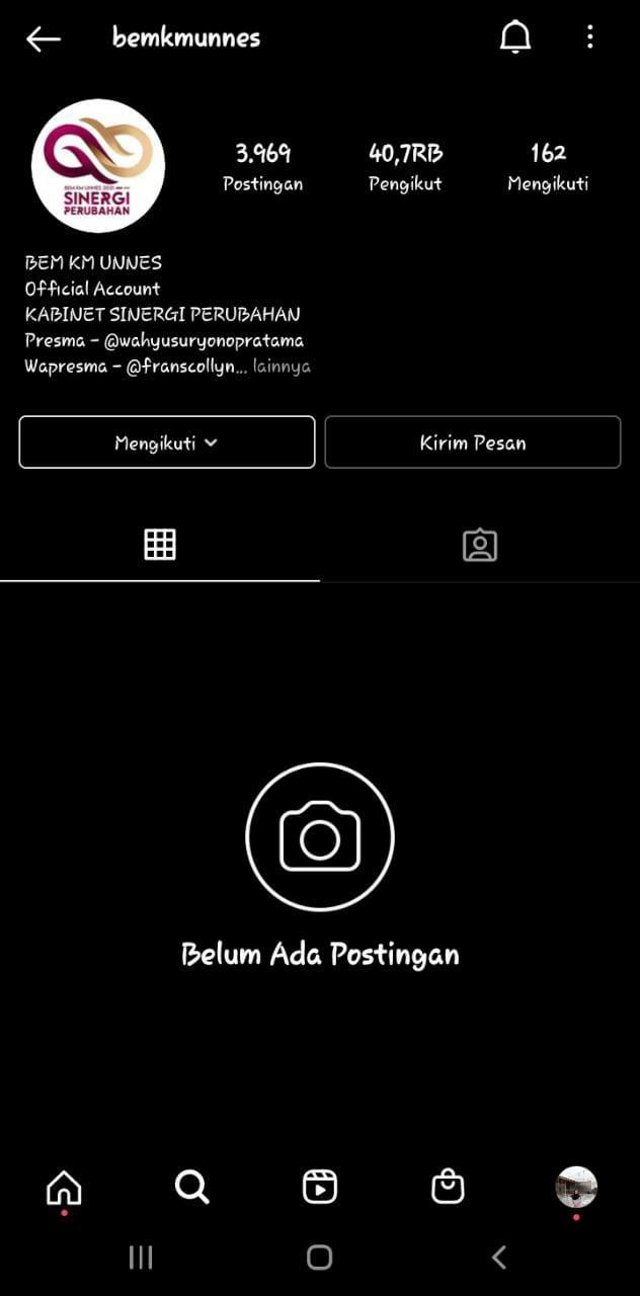 Tampilan akun Instagram BEM Unnes. Foto: Dok. Istimewa