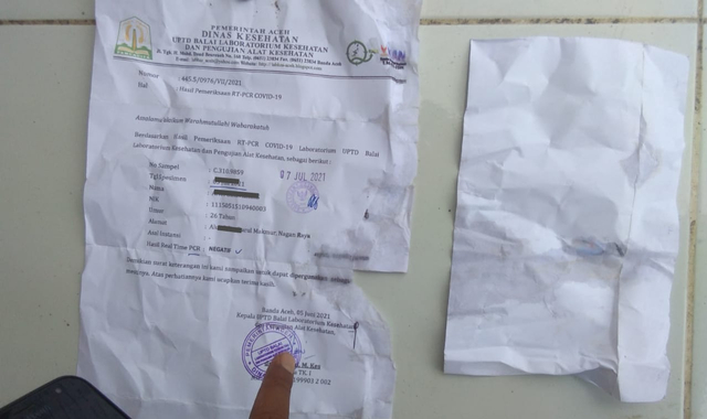 Hasil tes PCR yang dipalsukan. Foto: Dok. Polda Aceh