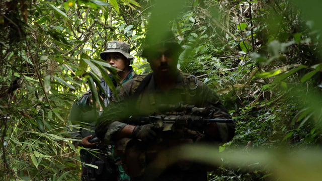 Prajurit Batalyon Intai Amfibi (Yontaifib) Korps Marinir TNI AL dan United States Marines Corps Reconnaissance Unit yang tergabung dalam Latihan Bersama Reconex 21-II berlatih Patroli Hutan di hutan Tumpang Pitu. Foto: Budi Candra Setya/ANTARA FOTO