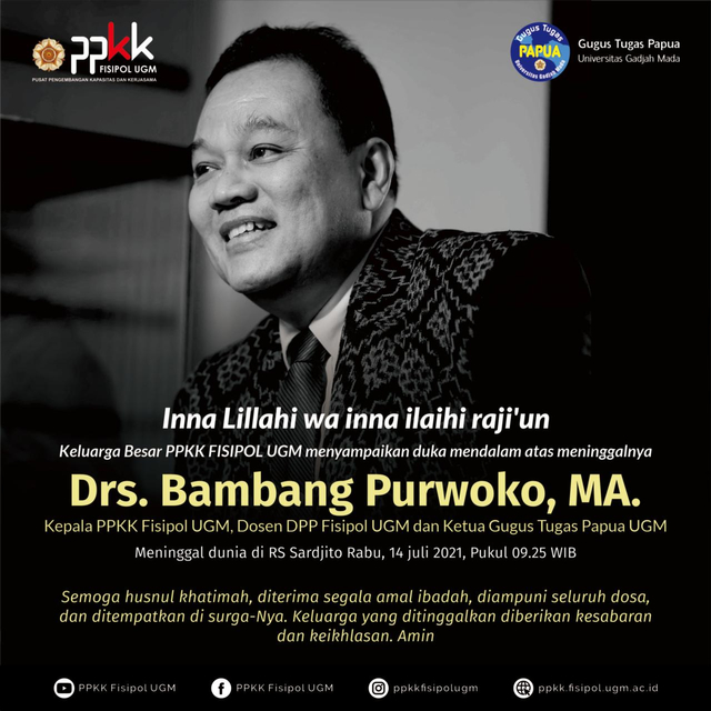 Dosen DPP Fisipol UGM, Bambang Purwoko, meninggal dunia, Rabu (14/7). Foto: Dok. Istimewa