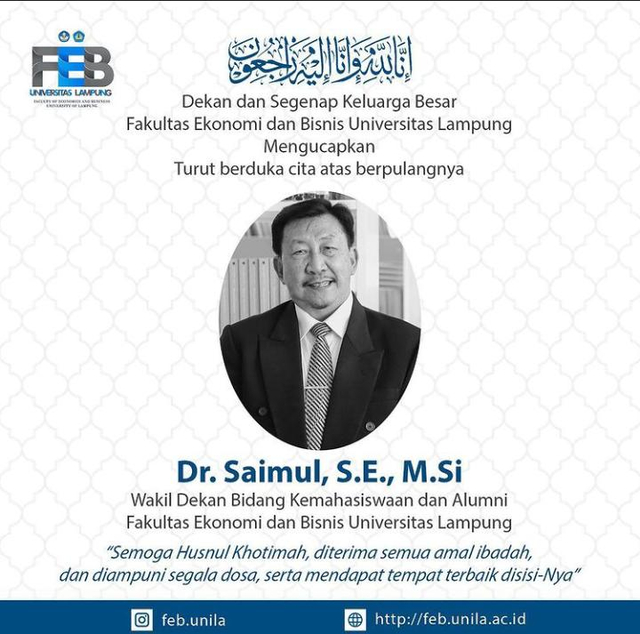 Kabar duka meninggalnya WD 3 FEB Unila Dr. Saimul, Kamis (15/7) | Foto : Ist