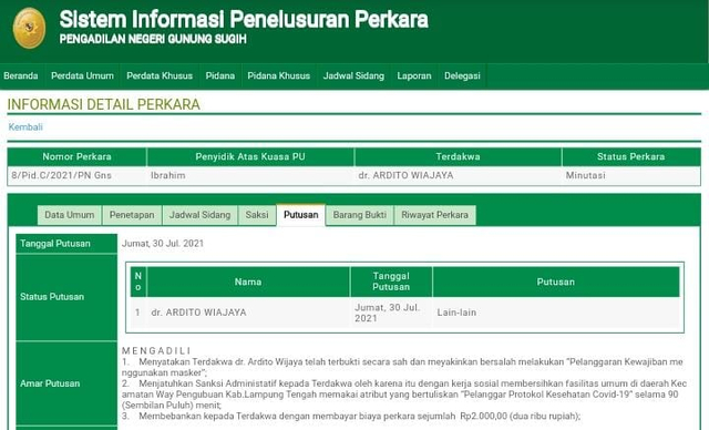Sistem Informasi Penelusuran Perkara Pengadilan Negeri Gunung Sugih dalam perkara pelanggaran terhadap Ardito Wijaya. | Foto: Ist