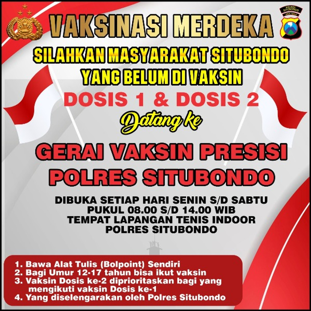 Peringati HUT Kemerdekaan RI, Polres Situbondo Buka Layanan Vaksinasi Covid-19