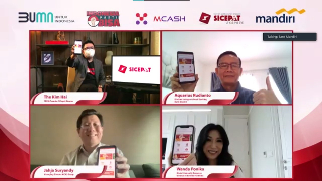 Acara peresmian kolaborasi Bank Mandiri, PT M Cash Integrasi Tbk., SiCepat Ekspres, dan Gerakan Indonesia Pasti Bisa, Jakarta, Selasa (10/8). Dok. Bank Mandiri.