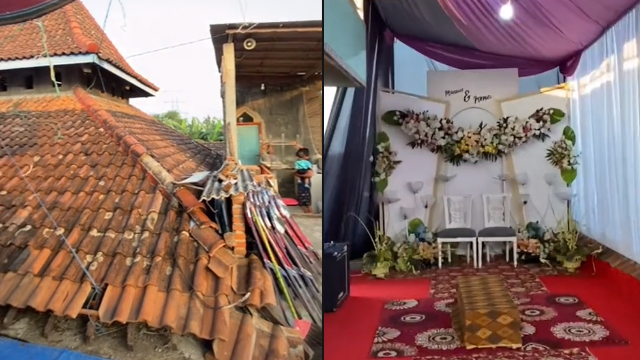 Pernikahan di atas atap rumah. (Foto: @ladiesku/TikTok)