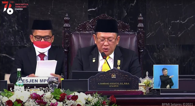 Ketua MPR Bambang Soesatyo dalam Sidang Tahunan MPR/DPR/DPD di Senayan, Senin (16/8/2021). Foto: Dok. Istimewa