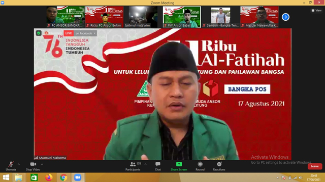 Ketua PW GP Ansor Kepulauan Bangka Belitung, Dr. Masmuni Mahatma, M.Ag saat hadir dalam acara pembacaan 11 ribu surat al fatihah dimomen HUT Ke-76 RI.