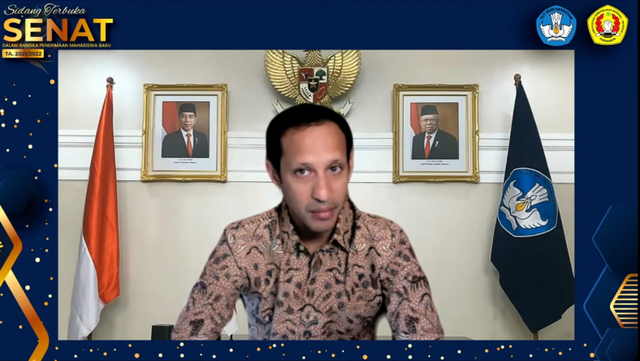 Mendikbud Ristek Nadiem Makarim, saat memberikan sambutan di acara Pengenalan Kehidupan Kampus Bela Negara (PKKBN) Universitas Pembangunan Nasional Veteran Yogyakarta (UPNVY) secara online. Foto: istimewa.
