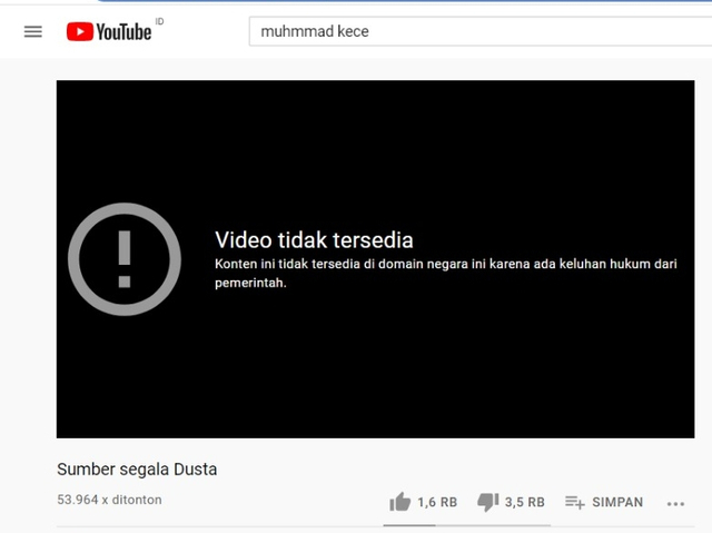 salah satu video Muhammad Kece di-take down. Foto: YouTube/MuhammadKece 