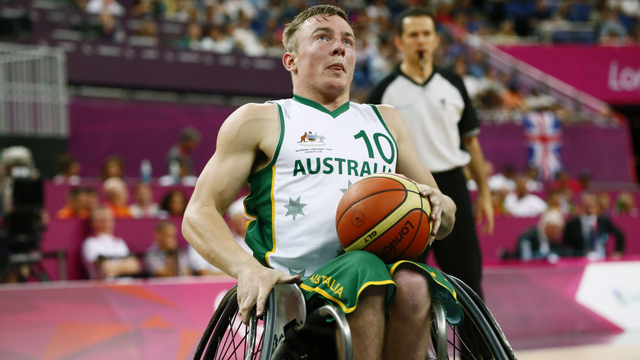 Atlet bola basket kursi roda, Jannik Blair (AUS) dalam pertandingan final Paralympic Games London 2012 di North Greenwich Arena di London. Foto: AFLO SPORT / AFP