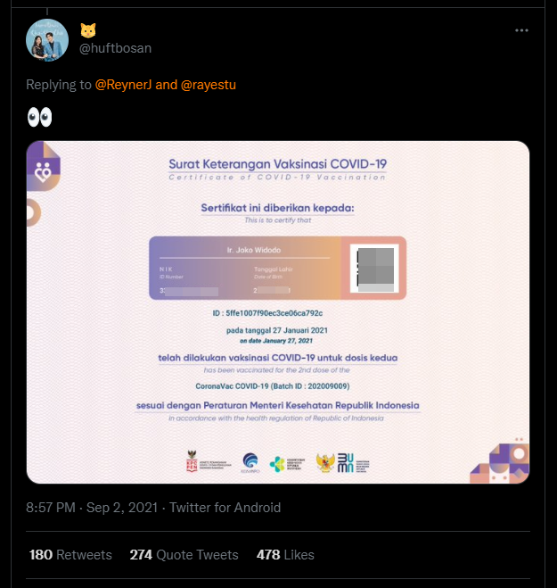 Screenshot sertifikat vaksin Presiden Jokowi yang beredar di Twitter. Foto: Screenshot