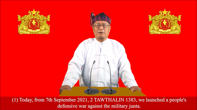 Tangkapan layar dari pernyataan Presiden Duwa Lashi La pada 7 September 2021 lalu. Diakses melalui tayangan langsung akun Facebook resmi CRPH Myanmar melalui link https://www.facebook.com/watch/live/?v=924237501776114&ref=watch_permalink.