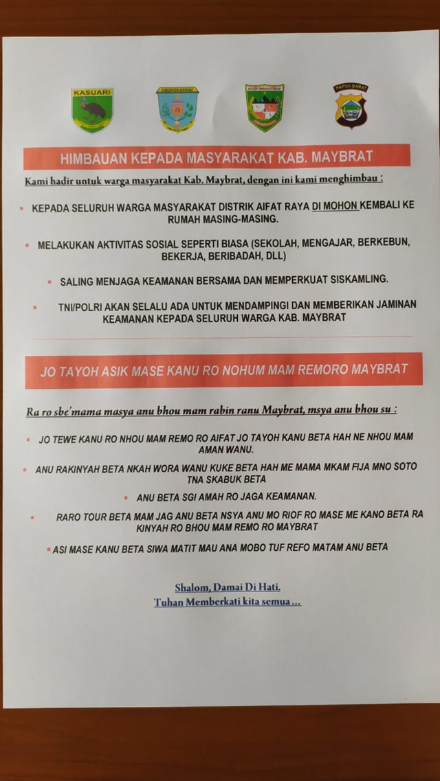 Imbauan untuk Warga Maybrat yang Mengungsi Disebar Pakai Pesawat dari Udara