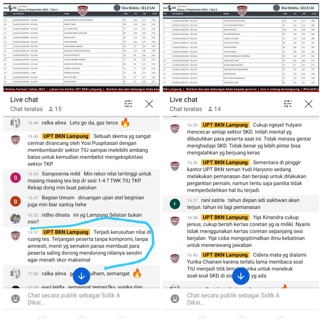 Isi live chat YouTube UPT BKN Lampung | Foto: Ist
