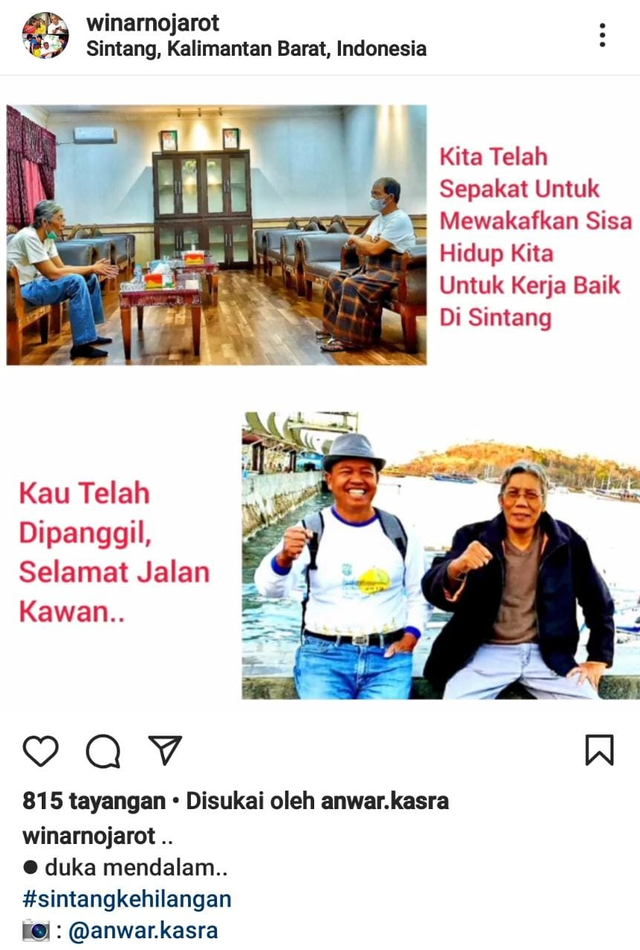 Tangkapan layar status Bupati Sintang Jarot Winarno atas meninggalnya Wakil Bupati Sudiyanto. Foto: Instagram @winarnojarot