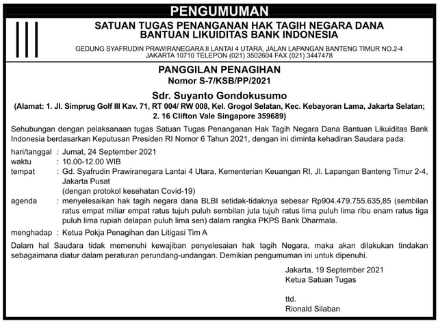 Satgas BLBI panggil Suyanto Dondokusumo. Foto: Dok. Istimewa