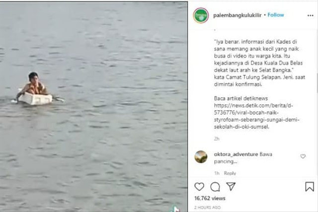 Screenshot video anak SD menyebrang sungai menggunakan styrofoam bekas. 