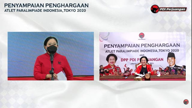 Ketua DPP PDIP Puan Maharani dalam acara penghargaan kepada atlet Paralimpide Tokyo 2020. Foto: Youtube/PDIP