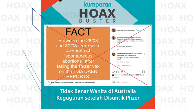 Hoaxbuster wanita di Australia keguguran setelah disuntik Pfizer. Foto: Factcheck/AFP dan kumparan