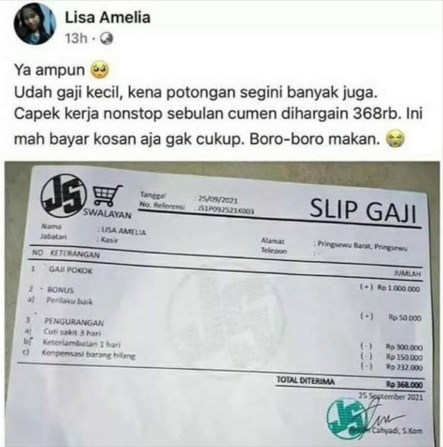 Tangkapan layar postingan Lisa Amelia terkait pemotongan gaji | Foto: Istimewa