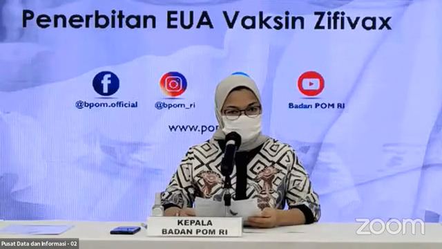 Kepala BPOM Penny K. Lukito resmi memberikan izin penggunaan darurat (EUA) vaksin COVID-19 merek Zifivax, Kamis (7/10). Foto: YouTube/BPOM RI
