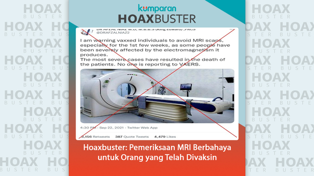 Hoaxbuster: Pemeriksaan MRI Berbahaya untuk Orang yang Telah Divaksin.
 Foto: AFP