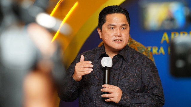 Menteri BUMN Erick Thohir hadiri acara Apresiasi Mitra BUMN Champion 2022 di Grha Pertamina, Jakarta. Senin (9/5/2022). Foto: Kementerian BUMN