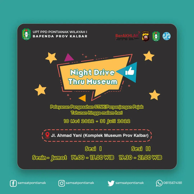 Samsat Drive Thru Museum Kalbar buka layanan sampai malam hari. Foto : @samsatpontianak/Instagram