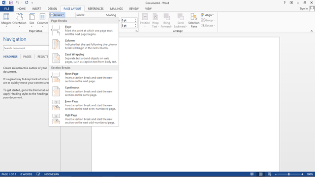 membuat section break di word