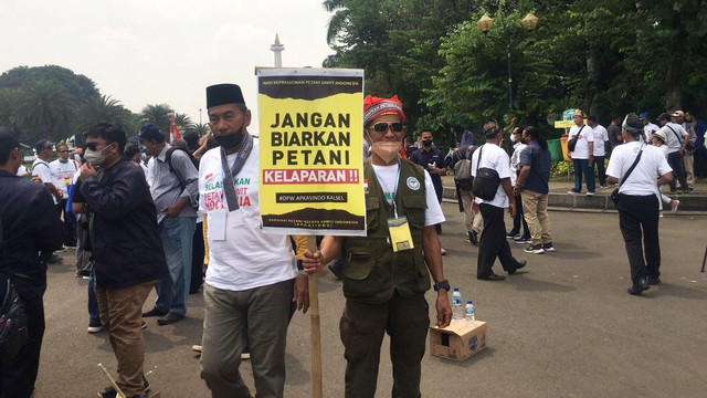 Massa Aksi Keprihatinan Petani Sawit Indonesia yang berkumpul di Patung Kuda, Jakarta Pusat, Selasa (17/5/2022). Foto: Galang/kumparan