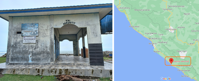 Kiri: TPI Sekunyit, Kabupaten Kaur, Bengkulu (Foto Pribadi), Kanan: Peta Pantai Sekunyit (Google Maps)