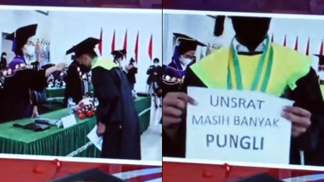 Potongan video momen saat seorang mahasiswa Unsrat mengkritik soal Pungli justru di momen saat dirinya sedang diwisuda.