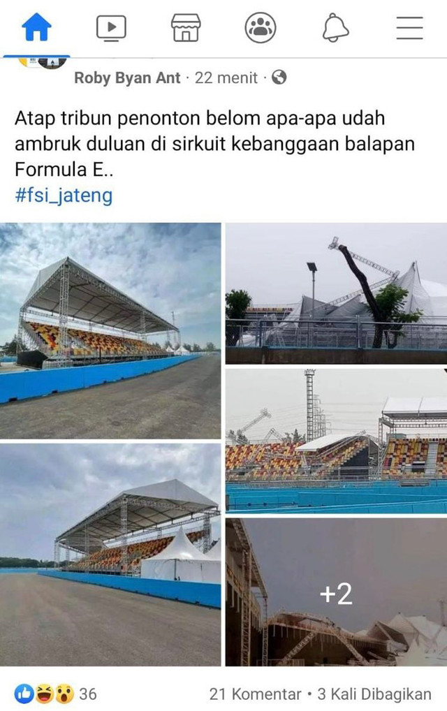 Grand stand sirkuit formula E Ancol ambruk akibat hujan dan angin kencang Sabtu (28/5). Foto: Dok. Tangkapan layar Facebook Roby Byan Ant