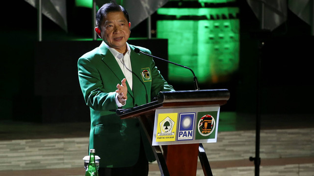 Ketua Umum PPP Suharso Monoarfa memberikan sambutan pada acara silaturahmi Koalisi Indonesia Bersatu (KIB) di Plataran Senayan, Jakarta, Sabtu (4/6/2022). Foto: Rivan Awal Lingga/ANTARA FOTO