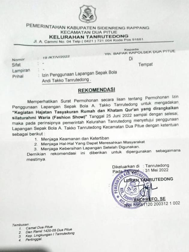 Surat Lurah Tanrutedong, Kabupaten Sidrap, Sulsel, terkait izin acara khatam Al-Quran dan silaturahmi waria. Foto: Dok. Istimewa