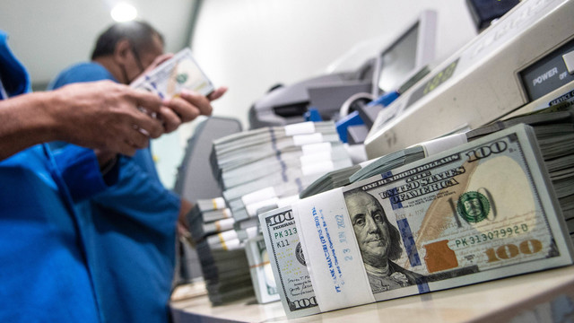 Petugas menghitung uang dolar AS di Cash Pooling Bank Mandiri, Jakarta, Kamis (23/6/2022). Foto: Muhammad Adimaja/ANTARA FOTO