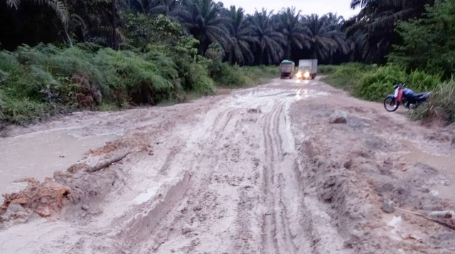 Banyak kubangan jalan yang muncul di kondisi penghujan seperti saat ini. Pemdes Sagu Sukma Mulya berharap pemda melakukan perbaikan lantaran jalan banyak dilalui oleh masyarakat. Foto: IST/InfoPBUN