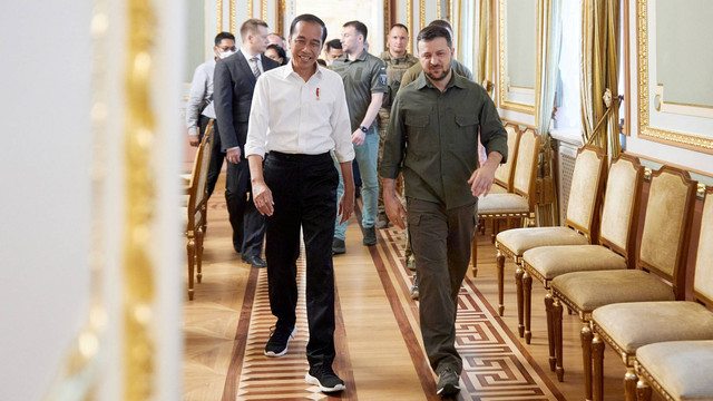 Presiden RI Joko Widodo dan Presiden Ukraina Volodymyr Zelensky berjalan untuk pertemuan di Kiev, Ukraina, Selasa (29/6/2022). Foto: Ukrainian Presidential Press Service/Handout via REUTERS