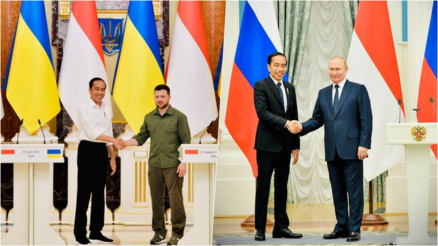 Kolase pertemuan Presiden Jokowi dan Presiden Ukraina Volodymyr Zelensky dengan Presiden Jokowi dan Presiden Rusia Vladimir Putin. Foto: Biro Setpres