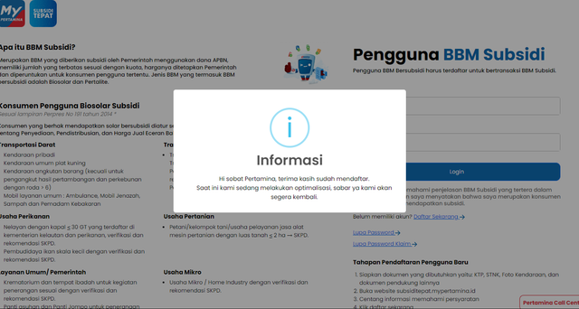 Website pendaftar BBM bersubsidi subsiditepat.mypertamina.id terpantau eror pagi ini, Jumat (1/7/2022). Foto: Galang/kumparan