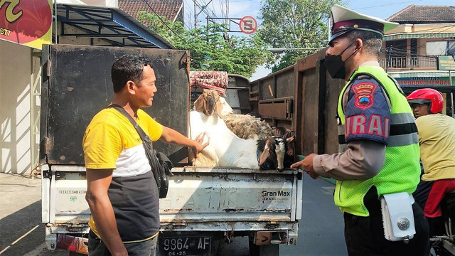 Polisi mengecek kendaraan pengangkut hewan ternak di kawasan Bekonang, Sukoharjo. FOTO: Agung Santoso 