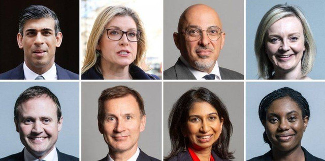 Kandidat Perdana Menteri Inggris yang baru; atas (ki-ka): Rishi Sunak, Penny Mordaunt, Nadhim Zahawi, Liz Truss; bawah: Tom Tugendhat, Jeremy Hunt, Suella Braverman, Kemi Badenoch (sumber: BBC News)