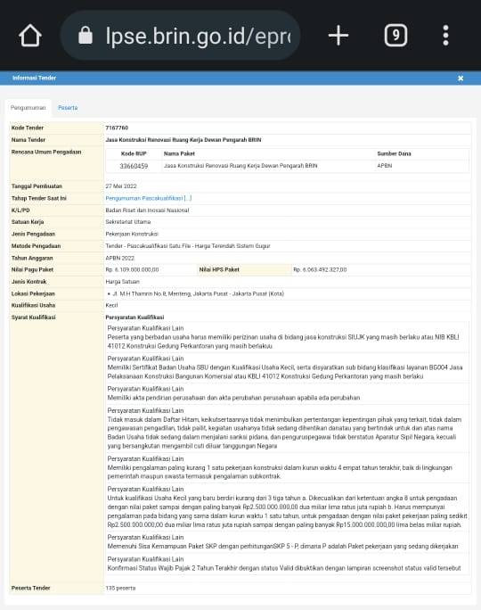 Renovasi ruangan kerja Dewan Pengarah BRIN. Foto: LPSE