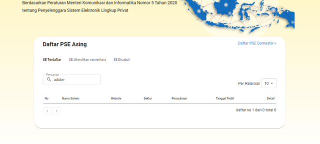 Nama Adobe yang belum muncul di laman PSE Kominfo.