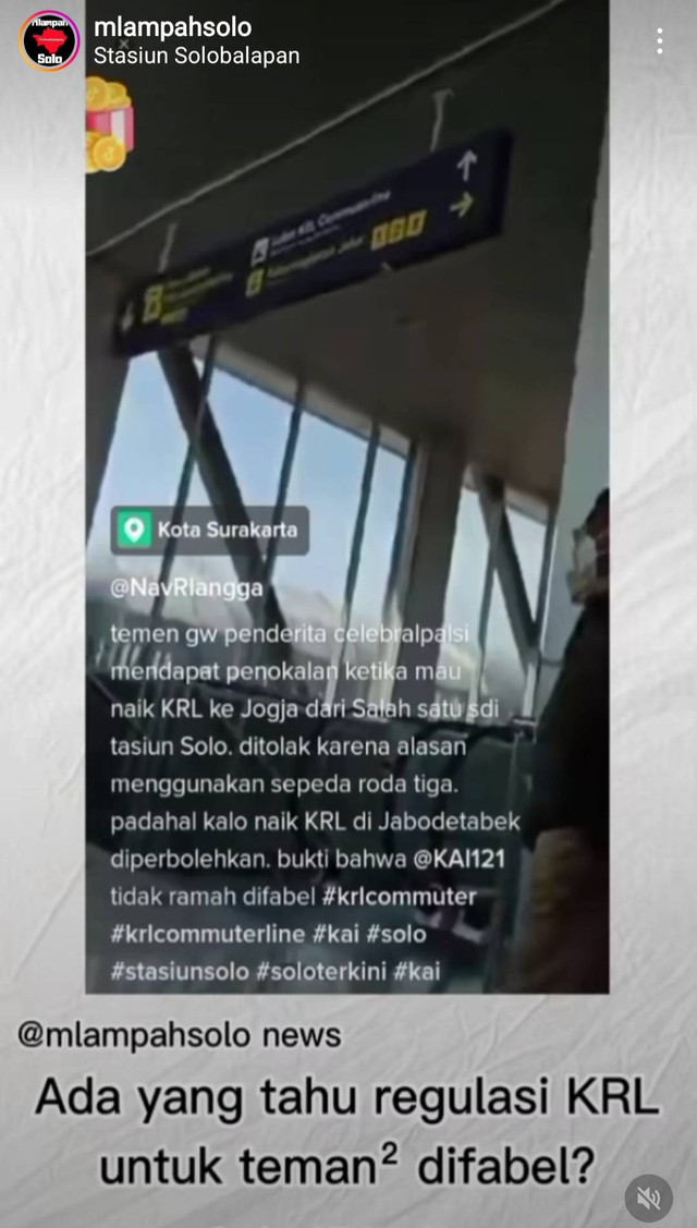 Tangkap layar video penyandang disabilitas dilarang naik KRL. FOTO: Instagram @mlampahsolo