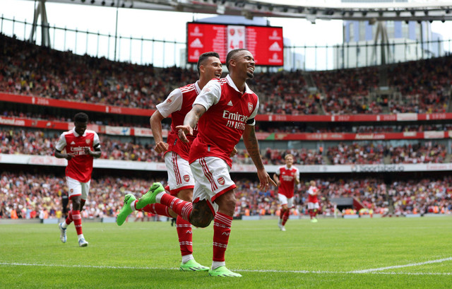 Selebrasi pemain Arsenal Gabriel Jesus usai mencetak gol ke gawang Sevilla pada laga uji coba di Stadion Emirates, London, Inggris.
Foto: Paul Childs/REUTERS