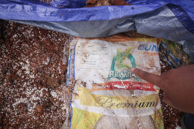 Warga menunjukkan penemuan beras diduga bansos presiden di Kawasan Kampung Serab, Sukmajaya, Depok, Jawa Barat (31/7/2022).  Foto: Asprilla Dwi Adha/ANTARA FOTO