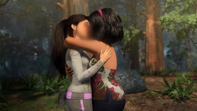 Adegan ciuman karakter lesbi di Jurassic World Camp Cretaceous yang tayang di Netflix. Foto: Netflix